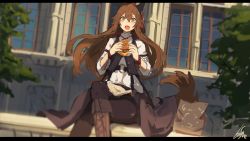 Rule 34 | 1girl, animal ears, bag, black pantyhose, blurry, blurry background, blush, boots, brown eyes, brown hair, building, burger, depth of field, eating, fang, floating hair, food, lansane, letterboxed, long hair, long sleeves, o-ring, open mouth, original, pantyhose, shirt, signature, sitting, solo, tail, tree, tsana (lansane), white shirt, window, wolf ears, wolf tail, wristband