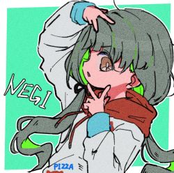 Rule 34 | 1girl, arm up, bright pupils, brown eyes, drawstring, film grain, grey hair, hand up, hisakawa nagi, hood, hood down, hoodie, idolmaster, idolmaster cinderella girls, long hair, low twintails, open mouth, outline, sasaki rindou, solo, twintails, v-shaped eyebrows, white outline, white pupils