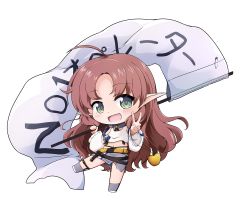 Rule 34 | 1girl, :d, ahoge, apple, arknights, bare shoulders, brown hair, c-rabbit, chibi, commentary request, detached sleeves, flag, food, fruit, full body, golden apple, green eyes, grey skirt, grey socks, highres, holding, holding flag, long hair, long sleeves, myrtle (arknights), open mouth, parted bangs, pointy ears, puffy long sleeves, puffy sleeves, simple background, skirt, smile, socks, solo, tank top, translation request, v, very long hair, white background, white footwear, white sleeves, white tank top