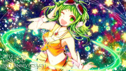 Rule 34 | 1girl, bad id, bad pixiv id, dated, goggles, goggles on head, green eyes, green hair, gumi, happy birthday, highres, looking at viewer, matching hair/eyes, navel, open mouth, sazanami shione, short hair, skirt, solo, vocaloid, wink, wrist cuffs