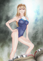 Rule 34 | 1girl, aoki clair, artist request, blonde hair, blue one-piece swimsuit, breasts, competition school swimsuit, competition swimsuit, covered navel, gleipnir (series), hand on own hip, highleg, highleg swimsuit, highres, long hair, looking at viewer, medium breasts, one-piece swimsuit, red eyes, school swimsuit, solo, suggestive fluid, sweat, swimsuit, wet, zipper