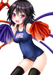 Rule 34 | 1girl, asymmetrical wings, black hair, black thighhighs, blush, ebi 193, fang, houjuu nue, looking at viewer, navel, one-piece swimsuit, open mouth, pink eyes, pom pom (cheerleading), school swimsuit, short hair, solo, swimsuit, thighhighs, touhou, white background, wings