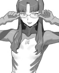 Rule 34 | 1girl, adjusting eyewear, alternate breast size, bad id, bad pixiv id, breasts, commentary request, glasses, greyscale, katsuoboshi, long hair, looking at viewer, makinami mari illustrious, monochrome, neon genesis evangelion, open mouth, plugsuit, rebuild of evangelion, simple background, skin tight, small breasts, smile, solo, upper body, white background