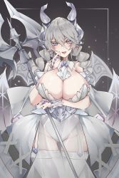 Rule 34 | 1girl, absurdres, blue eyes, breasts, cleavage, dress, duel monster, gloves, hair between eyes, halberd, highres, horns, jewelry, kive, large breasts, long hair, lovely labrynth of the silver castle, low twintails, low wings, open mouth, pointy ears, polearm, slit pupils, thighhighs, twintails, weapon, white dress, white gloves, white hair, wings, yu-gi-oh!