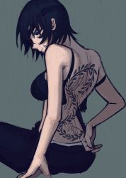 Rule 34 | 1girl, back tattoo, black bra, black hair, black pants, bra, chainsaw man, eyepatch, green background, highres, himeno (chainsaw man), liowig, looking at viewer, looking back, pants, removing bra, short hair, simple background, sitting, solo, tattoo, underwear