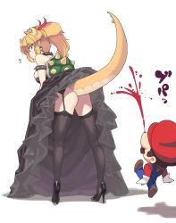 Rule 34 | 1girl, ass, bare shoulders, black dress, blonde hair, blood, blue eyes, blush, bowsette, bracelet, breasts, cleavage, collar, crown, dress, earrings, horns, jewelry, large breasts, legs, long hair, mario (series), nail polish, nakadori (movgnsk), new super mario bros. u deluxe, nintendo, nosebleed, open mouth, pointy ears, ponytail, spiked bracelet, spiked collar, spikes, super crown, super mario bros. 1, tail, thighhighs