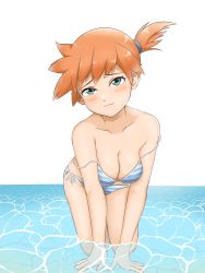 Rule 34 | 1girl, all fours, alternate breast size, aqua eyes, bad id, bad pixiv id, bare shoulders, bikini, blush, breasts, cleavage, collarbone, commentary request, creatures (company), etude man, game freak, head tilt, highres, kneeling, leaning forward, looking at viewer, medium breasts, misty (pokemon), nintendo, off shoulder, orange hair, pokemon, pokemon rgby, short hair, side-tie bikini bottom, side ponytail, solo, strap slip, string bikini, striped bikini, striped clothes, swimsuit, water, white background