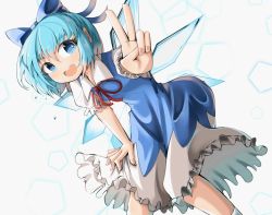 Rule 34 | 1girl, :d, bent over, blue bow, blue dress, blue eyes, blue hair, bow, cirno, dress, eyebrows hidden by hair, hair bow, looking at viewer, open mouth, pentagon (shape), pinafore dress, puffy short sleeves, puffy sleeves, shirt, short hair, short sleeves, sleeveless dress, smile, solo, spam (spamham4506), touhou, v, white background, white legwear, white shirt