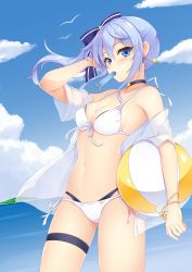 Rule 34 | 1girl, ball, beach, beachball, bikini, blue eyes, blue hair, breasts, chitosy, cleavage, commentary request, food in mouth, halterneck, highres, hololive, hoshimachi suisei, jacket, looking at viewer, navel, side-tie bikini bottom, side ponytail, sky, solo, string bikini, swimsuit, virtual youtuber