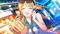 Rule 34 | 1girl, 3d glasses, ^ ^, ahoge, bare shoulders, blonde hair, blush, bracelet, closed eyes, collared shirt, denim shirt, eyewear on head, food, game cg, hachimiya meguru, hair flaps, hair ornament, hairclip, hand up, holding, holding food, holding ticket, idolmaster, idolmaster shiny colors, indoors, jewelry, lens flare, long hair, low twintails, movie theater, multiple bracelets, necklace, official art, open mouth, popcorn, shirt, sidelocks, sleeveless, sleeveless shirt, smile, solo, sparkle, star (symbol), star hair ornament, twintails, upper body, wing collar