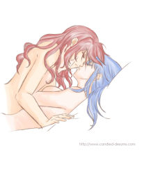Rule 34 | 2girls, blue hair, completely nude, couple, girl on top, imminent kiss, laikaken, lehaiah, lying, multiple girls, nude, on back, on person, original, pillow, red hair, scion, simple background, upper body, wavy hair, white background, yuri