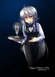 Rule 34 | 1girl, bartender, caffein, cup, english text, formal, happy valentine, long hair, necktie, pant suit, pants, plate, red eyes, silver hair, solo, suit, valentine, very long hair, vocaloid, waitress, yowane haku