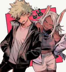 Rule 34 | 1boy, 1girl, animal ears, artist name, bakugou katsuki, black jacket, boku no hero academia, breasts, commentary, dark-skinned female, dark skin, elbow on another&#039;s shoulder, eyepatch, hands in pockets, jacket, kadeart, large breasts, long hair, long sleeves, looking at viewer, mirko, open mouth, rabbit ears, rabbit girl, red eyes, scar, scar on face, shirt, shorts, sidelocks, symbol-only commentary, tan, white hair, white jacket, white shirt, white shorts