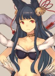 Rule 34 | &gt;:(, 10s, 1girl, animal ears, bare shoulders, bell, black hair, breasts, choker, cleavage, erune, fang, fang out, fox ears, frown, granblue fantasy, hair bell, hair ornament, hands on own hips, long hair, peroncho, red eyes, simple background, solo, v-shaped eyebrows, yuel (granblue fantasy)