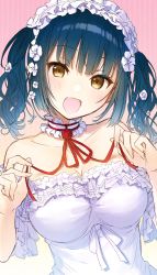 Rule 34 | 1girl, bare shoulders, blue hair, bow, breasts, choker, cleavage, collarbone, dress, flower, gradient hair, hair flower, hair ornament, hairband, highres, holding, holding ribbon, lolita hairband, looking at viewer, medium breasts, medium hair, multicolored hair, natsuno io, nijisanji, open mouth, red ribbon, ribbon, short sleeves, solo, twintails, upper body, virtual youtuber, white bow, white dress, white hairband, yamagami karuta, yellow eyes