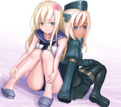 Rule 34 | 2girls, blonde hair, blue eyes, bodysuit, cosplay, costume switch, crop top, cropped jacket, dual persona, gakky-cf, garrison cap, hat, kantai collection, long hair, long sleeves, multiple girls, puffy long sleeves, puffy sleeves, ro-500 (kancolle), ro-500 (kancolle) (cosplay), sailor collar, school swimsuit, swimsuit, swimsuit under clothes, tan, u-511 (kancolle) (cosplay), u-511 (kancolle)