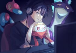 Rule 34 | 1boy, at computer, bandana, black eyes, black hair, black shirt, commentary, computer, creatures (company), crossover, dark background, game freak, gen 4 pokemon, gen 8 pokemon, gradient background, hair between eyes, headphones, highres, kagerou project, keyboard (computer), kisaragi shintarou, looking at screen, looking at viewer, male focus, mokemoke chan, monitor, mouse (computer), nintendo, parted lips, pokemon, pokemon (creature), porygon-z, raboot, red bandana, red eyes, shirt, short hair, short sleeves, smile, symbol-only commentary, t-shirt, toxtricity, toxtricity (low key), upper body