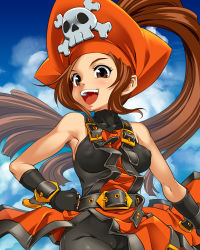 Rule 34 | 1girl, belt, brown hair, buckle, cameltoe, covered erect nipples, female focus, fingerless gloves, funnyari, gloves, guilty gear, guilty gear x, guilty gear xx, hat, inverted nipples, long hair, may (guilty gear), open mouth, outdoors, ponytail, skull and crossbones, sleeveless, solo
