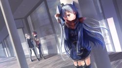 Rule 34 | 10s, 3girls, akikan (10552397), amatsukaze (kancolle), bad id, bad pixiv id, black scarf, blue eyes, boots, brown dress, brown eyes, brown hair, casual, coat, denim, dress, failure penguin, hair tubes, hand on own shoulder, highres, holding, jeans, kantai collection, long hair, miss cloud, multiple girls, outdoors, pants, red scarf, red shirt, sailor dress, scarf, shirt, short hair, silver hair, thighhighs, two side up, white scarf, z1 leberecht maass (kancolle), z3 max schultz (kancolle)