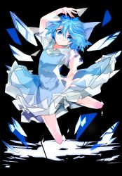 Rule 34 | 1girl, arm up, blue bow, blue dress, blue eyes, blue hair, bow, cirno, closed mouth, collared shirt, commentary request, dress, flat chest, full body, hair between eyes, hair bow, highres, ice, ice wings, looking at viewer, pinafore dress, shirt, short hair, short sleeves, sleeveless dress, solo, touhou, vivo (vivo sun 0222), white shirt, wings