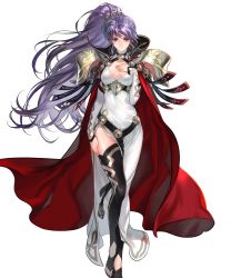 Rule 34 | 1girl, alternate costume, armor, belt, black footwear, boots, breasts, cape, cleavage, dress, earrings, fire emblem, fire emblem: genealogy of the holy war, fire emblem heroes, full body, gold trim, hair ornament, halterneck, highres, ishtar (fire emblem), jewelry, long dress, long hair, long sleeves, medium breasts, nintendo, official art, ponytail, purple eyes, purple hair, red cape, shiny skin, shoulder armor, suzuki rika, thigh boots, thighhighs, thighs, toeless footwear, toes, transparent background, very long hair