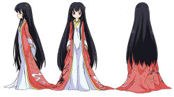 Rule 34 | 1girl, aged down, black hair, blunt bangs, branch, character sheet, closed mouth, dress, expressionless, female focus, floral print, from behind, from side, full body, hair ornament, houraisan kaguya, jeweled branch of hourai, karaori, long hair, long sleeves, looking at viewer, multiple views, neko (yanshoujie), profile, red eyes, sidelocks, simple background, standing, the sealed esoteric history, touhou, turnaround, very long hair, white background