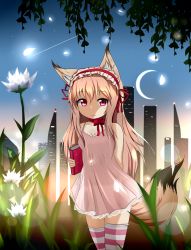 Rule 34 | 1girl, animal ears, blonde hair, book, breasts, cityscape, cleavage, crescent moon, dress, fox ears, fox tail, frilled dress, frills, hairband, highres, holding, holding book, hotel01, long hair, michaelangelo salvoropartanen, moon, night, original, red eyes, short dress, sleeveless, sleeveless dress, small breasts, solo, tail