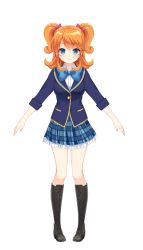 Rule 34 | 1girl, arms out to sides, blue eyes, boots, bow, bowtie, closed mouth, full body, girlfriend (kari), hair ribbon, highres, legs, looking at viewer, official art, orange hair, plaid, plaid skirt, pleated skirt, qp:flapper, ribbon, sagara emi, school uniform, skirt, smile, solo, transparent background, twintails