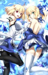 Rule 34 | 2girls, absurdres, ahoge, alternate costume, arcueid brunestud, artoria pendragon (all), artoria pendragon (fate), black legwear, blonde hair, blouse, blue background, blue bow, blue ribbon, blue skirt, bow, breasts, elbow gloves, fate/grand order, fate/stay night, fate (series), foo (pixiv54892036), gloves, green eyes, hair between eyes, hair bow, halterneck, highres, lace, lace-trimmed legwear, lace trim, large breasts, looking at viewer, medium breasts, multiple girls, official alternate costume, official alternate hairstyle, pantyhose, ponytail, red eyes, ribbon, saber (fate), saber (pure night dress) (fate), shirt, shoulder blades, skirt, smile, standing, standing on one leg, strap gap, thighhighs, thighs, tsukihime, white legwear, white shirt, zettai ryouiki