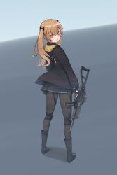 Rule 34 | 1girl, absurdres, black bow, black footwear, black gloves, black jacket, black pantyhose, black skirt, blush, boots, bow, brown hair, closed mouth, fingerless gloves, full body, girls&#039; frontline, gloves, grey background, gun, hanu (ryu7709), highres, holding, holding gun, holding weapon, hood, hooded jacket, jacket, knee boots, legs apart, long hair, long sleeves, looking at viewer, looking back, miniskirt, pantyhose, pink eyes, pleated skirt, scar, scar across eye, scar on face, skirt, smile, solo, standing, trigger discipline, twintails, two-tone background, ump9 (girls&#039; frontline), weapon