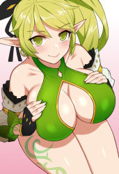 Rule 34 | 1girl, anemos (elsword), bad id, bad pixiv id, bare shoulders, blush, breast hold, breasts, cleavage, cleavage cutout, clothing cutout, collarbone, detached sleeves, earrings, elf, elsword, fingerless gloves, gloves, green eyes, green hair, jewelry, large breasts, long hair, looking at viewer, nt00, pointy ears, rena erindel, ribbon, side ponytail, sideboob, smile, solo, tattoo