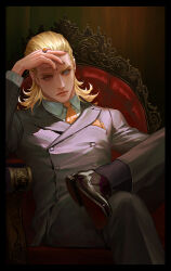Rule 34 | 1boy, black nails, blonde hair, blue eyes, buttoned cuffs, buttons, crossed legs, formal, hair slicked back, hand on forehead, handkerchief, heterochromia, highres, jewelry, long hair, louis cypher, lucifer (megami tensei), male focus, necktie, o c x, red eyes, ring, shin megami tensei, sitting, solo, suit, yellow necktie