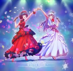 Rule 34 | 2girls, alternate hairstyle, arm up, bare arms, bare shoulders, black hair, blue eyes, blush, braid, breasts, capelet, crown, dress, english text, flower, formal, gradient hair, grey eyes, high heels, highres, holding, holding microphone, iesupa, long hair, looking to the side, microphone, multicolored hair, multiple girls, music, open mouth, petals, red dress, red hair, rose, rose petals, ruby rose, rwby, scar, scar across eye, scar on face, shoes, short hair, singing, sleeveless, sleeveless dress, snowflakes, spotlight, standing, teeth, tiara, tongue, two-tone hair, weiss schnee, white dress, white hair