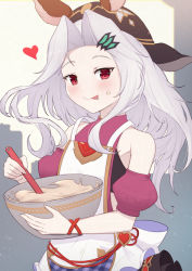 Rule 34 | 1girl, :p, animal ears, apron, bare shoulders, black headwear, blush, bowl, closed mouth, commentary request, detached sleeves, ears through headwear, food, food on face, forehead, granblue fantasy, hair ornament, heart, highres, holding, holding bowl, looking at viewer, mixing bowl, parted bangs, plaid, puffy short sleeves, puffy sleeves, purple shirt, purple sleeves, red eyes, scathacha (granblue fantasy), shirt, short sleeves, silver hair, sleeveless, sleeveless shirt, smile, solo, tongue, tongue out, uneg, white apron