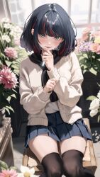Rule 34 | 1girl, black hair, black scarf, black thighhighs, blue skirt, blush, bob cut, cardigan, commentary request, commission, copyright request, crystal, crystal necklace, curled fingers, day, feet out of frame, finger to own chin, floor, flower, flower pot, flower request, greenhouse, grey eyes, hands up, highres, holding, holding jewelry, holding necklace, indoors, jewelry, junkichi gbf, light particles, looking at viewer, medium hair, miniskirt, multicolored hair, necklace, open cardigan, open clothes, over-kneehighs, parted lips, pink flower, pleated skirt, purple flower, raised eyebrows, red hair, scarf, sitting, skeb commission, skirt, sleeves past elbows, solo, streaked hair, thighhighs, thighs, tile floor, tiles, two-tone hair, white cardigan, white flower, window, zettai ryouiki
