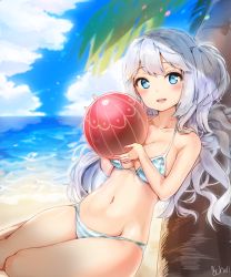 Rule 34 | 1girl, artist name, ball, beach, bikini, blue eyes, blue sky, blush, cheli (kso1564), cloud, cloudy sky, collarbone, commentary, day, holding, holding ball, long hair, looking at viewer, navel, ocean, one side up, open mouth, original, outdoors, palm tree, signature, silver hair, sitting, sky, smile, solo, striped bikini, striped clothes, swimsuit, teeth, thighs, tree, wavy hair, yokozuwari