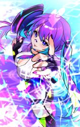 Rule 34 | 1girl, blue hair, fingerless gloves, gloves, hat, highres, holding, holding clothes, holding hat, leotard, long hair, looking at viewer, melody (projektmelody), melody (projektmelody) (lewd cadet), multicolored hair, necktie, pink hair, police hat, purple eyes, purple gloves, purple hair, purple necktie, purple thighhighs, smile, solo, streaked hair, thighhighs, tobosigen, tongue, tongue out, twintails, virtual youtuber, vshojo, white leotard