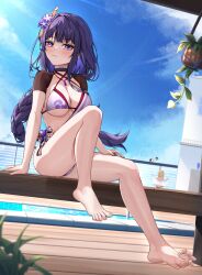 Rule 34 | 2girls, absurdres, barefoot, bikini, blue sky, blush, breasts, closed mouth, cloud, commentary request, day, dorsiflexion, feet, genshin impact, hair ornament, highres, legs, long hair, looking at viewer, lumine (genshin impact), medium breasts, multiple girls, pool, purple bikini, purple eyes, purple hair, radoremo, raiden shogun, short sleeves, shrug (clothing), sitting, sky, swimsuit, thighs, toenails, toes, very long hair