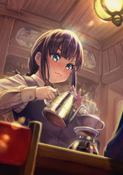 Rule 34 | 1girl, :&lt;, blue eyes, blush, braid, brown hair, ceiling, chair, coffee cup, coffee pot, cup, disposable cup, funnel, indoors, light, long sleeves, original, pouring, red neckwear, sakumichi, shelf, sidelocks, solo focus, steam, sweatdrop, twin braids