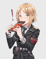 Rule 34 | !, 1girl, absurdres, armband, belt, belt pouch, black coat, black necktie, blonde hair, brown eyes, candy, chocolate, chocolate bar, coat, collared shirt, commentary, eating, empty eyes, food, gar32, girls&#039; frontline, grey background, highres, holding, holding chocolate, holding food, long sleeves, looking at viewer, medium hair, military, military uniform, mp40 (girls&#039; frontline), nazi, necktie, pouch, red armband, shirt, signature, simple background, solo, surprised, uniform, upper body