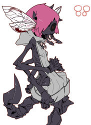 Rule 34 | 1girl, black sclera, black skin, colored sclera, colored skin, extra arms, female focus, head wings, highres, arthropod girl, mandibles, meme attire, monster girl, pink hair, red eyes, scorpion tail, simple background, solo, sweater, tail, tomatojam, virgin killer sweater, white background, wings