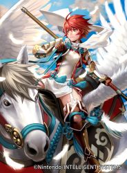 Rule 34 | 1girl, blue sky, boots, bracer, brown eyes, brown footwear, brown gloves, cloud, day, feathers, fire emblem, fire emblem cipher, fire emblem fates, garter straps, gloves, hinoka (fire emblem), holding, holding weapon, i-la, knee boots, nintendo, official art, outdoors, pegasus, polearm, red hair, reins, riding, saddle, short hair, sky, tassel, thigh boots, thighhighs, thighs, watermark, weapon, white feathers, wings, zettai ryouiki