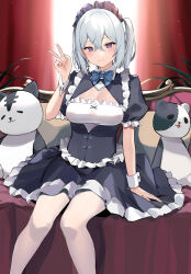 Rule 34 | 1girl, absurdres, blue bow, blue bowtie, blurry, blurry background, blush, bow, bowtie, cleavage cutout, closed mouth, clothing cutout, commentary request, crossed bangs, dress, feet out of frame, frilled dress, frills, grey hair, hair between eyes, hand up, highres, indoors, looking at viewer, maid, maid headdress, one side up, original, pantyhose, puffy short sleeves, puffy sleeves, purple eyes, red curtains, ryou (ponpgo), short sleeves, sitting, smile, solo, stuffed animal, stuffed toy, teddy bear, traditional bowtie, v, white pantyhose, wrist cuffs