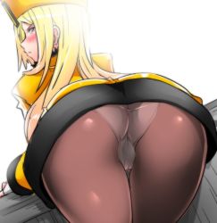 Rule 34 | 1girl, ass, bent over, black pantyhose, blonde hair, blue eyes, blush, closed mouth, cowboy shot, embarrassed, fingerless gloves, foreshortening, from behind, gloves, guilty gear, guilty gear xrd, hat, long hair, long sleeves, looking at viewer, looking back, millia rage, okyou, panties, panties under pantyhose, pantyhose, profile, sidelocks, solo, thigh gap, underwear, white gloves