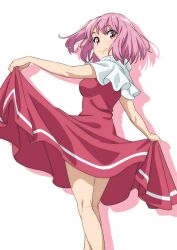 Rule 34 | 1girl, breasts, closed mouth, clothes lift, dress, dress lift, feet out of frame, gyouza (mhea5724), highres, lifted by self, looking at viewer, medium breasts, pink hair, red dress, red eyes, sara (touhou), short hair, simple background, smile, solo, touhou, touhou (pc-98), white background