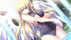 Rule 34 | 1girl, agnes (sankai ou no yubiwa), angel, angel wings, aqua eyes, black one-piece swimsuit, blonde hair, caustics, covered collarbone, cowboy shot, day, dutch angle, eushully, feathered wings, game cg, halo, halterneck, long hair, one-piece swimsuit, outdoors, sankai ou no yubiwa, school swimsuit, skin tight, smile, solo, standing, swimsuit, wading, wet, white wings, wings, yakuri