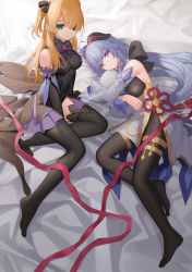 Rule 34 | 2girls, :/, absurdres, bad id, bad pixiv id, between legs, black dress, black gloves, black ribbon, black thighhighs, blonde hair, blue hair, bodystocking, bow, bowtie, breasts, cape, cleavage, closed mouth, commentary, detached sleeves, diamond hair ornament, dress, elbow gloves, eyebrows hidden by hair, eyepatch, fischl (genshin impact), fishnets, ganyu (genshin impact), genshin impact, gloves, goat horns, green eyes, grey cape, hair over one eye, hair ribbon, hand between legs, highres, horns, large breasts, light blush, long hair, looking at viewer, lying, medium breasts, multiple girls, hugging object, on side, parted lips, pillow, pillow hug, purple bow, purple bowtie, purple eyes, red ribbon, ribbon, ribbon trim, rope, shimenawa, short twintails, sitting, symbol-only commentary, thighhighs, twintails, very long hair, waist cape, white sleeves, yaoku, yokozuwari