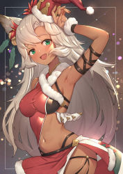Rule 34 | 1girl, :d, animal ears, arm strap, arm up, armpits, bare shoulders, blush, breasts, brown background, commentary request, cowboy shot, dark-skinned female, dark skin, erune, fang, female focus, fur trim, gradient background, granblue fantasy, green eyes, hair ornament, hat, highres, holly, jewelry, long hair, looking at viewer, medium breasts, miniskirt, navel, nemone, open mouth, red hat, red skirt, revealing clothes, ring, santa hat, silver hair, skirt, smile, solo, stomach, straight hair, thong, uneg, very long hair