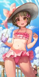 Rule 34 | 1girl, :d, absurdres, beach, bikini, bikini skirt, blue sky, blush, bow, brown eyes, brown hair, chair, cloud, cloudy sky, commission, cup, day, drink, drinking straw, flat chest, frilled bikini, frills, hat, hat bow, highres, horizon, looking at viewer, melaton, navel, ocean, open mouth, original, outdoors, pink bikini, pink bow, sandals, skeb commission, sky, smile, solo, sun hat, swimsuit, teeth, upper teeth only, water
