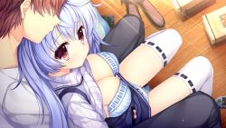 Rule 34 | 1girl, blush, book, bra, breasts, cleavage, clothes lift, eyebrows hidden by hair, from above, fujino yuki, game cg, haruoto alice gram, indoors, large breasts, legs, light purple hair, long hair, looking back, mitha, no eyes, original, panties, red eyes, sitting, skirt, skirt lift, sweater, sweater lift, thighhighs, thighs, turtleneck, turtleneck sweater, underwear, wooden floor